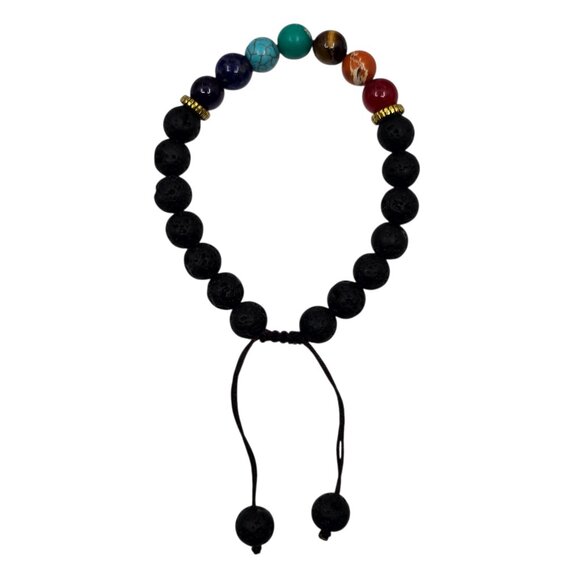 Black Lava Stone & Chakra Bead Adjustable Bracelet 8MM Beads Yoga NEW - Picture 1 of 3